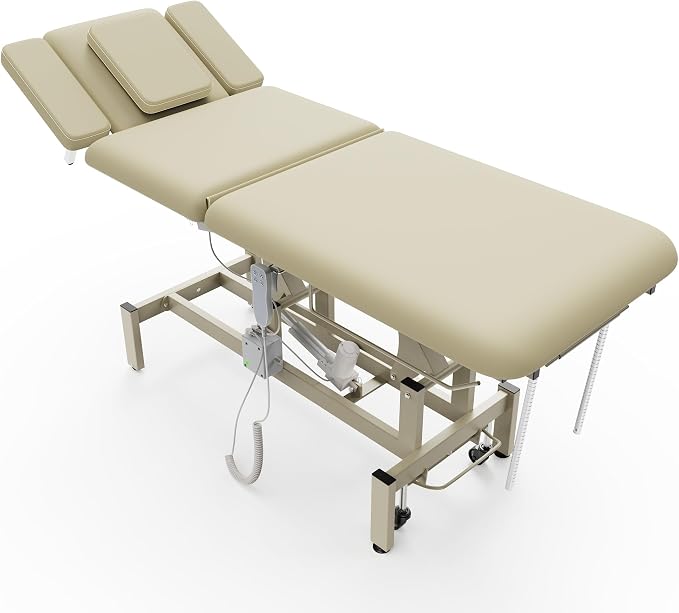 2 Motors Electric Massage Table, Hydraulic Electric Lift Adjustable Waist and Height Lifting Functions for Treatment, Physical Therapy, Spinal Massage, Facial Spa, Waxing, Tattooing - Beige Gray