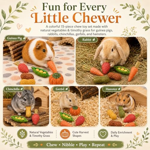 HERCOCCI 15Pcs Guinea Pig Chew Toys, Hamster Toys Prevent Excessive Teeth Growth Natural Vegetables Carrot & Timothy Grass for Guinea Pig Rabbit Chinchillas Gerbil