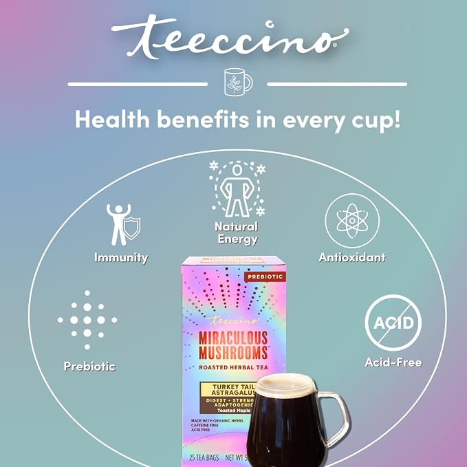 Teeccino Mushroom Herbal Tea - Turkey Tail Astragalus Toasted Maple - Caffeine Free, Prebiotic, 3x More Herbs - 25 Tea Bags
