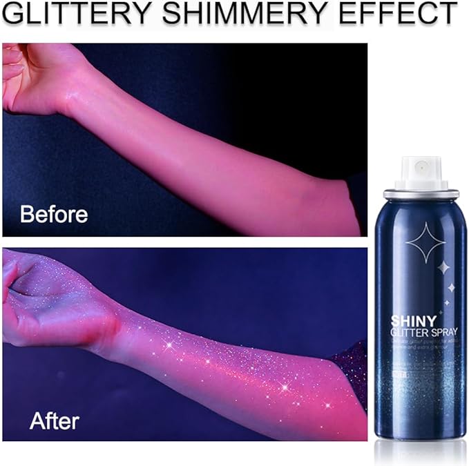 Body Glitter Spray for Hair, Clothes, Fabric, Long Lasting Body Shimmer Spray, Shiny Sparkle Highlighter Mist for Rave, Music Festival, Stage & Concert, Prom Party Makeup