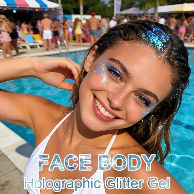 Light Blue Face Body Hair Glitter Gel for Women and Kids, Monochrome Holographic Mermaid Sequins Chunky Glitter Paint Makeup for Mardi Gras Halloween Festival Rave Outfits Accessories, 1.7oz, #10