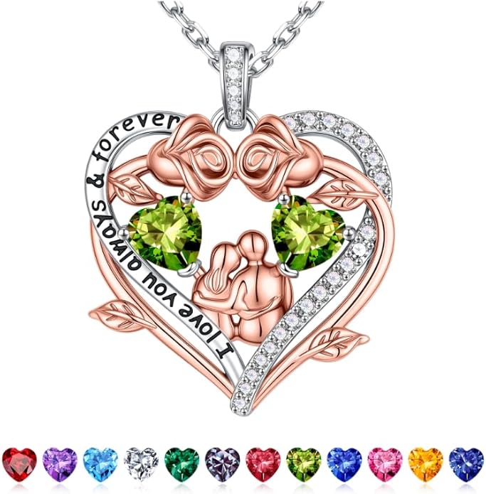 Iefil Valentines Gifts for Her Wife - 925 Sterling Silver Double Heart Birthstone Necklace, Anniversary Birthday Gifts for Women Wife Girlfriend