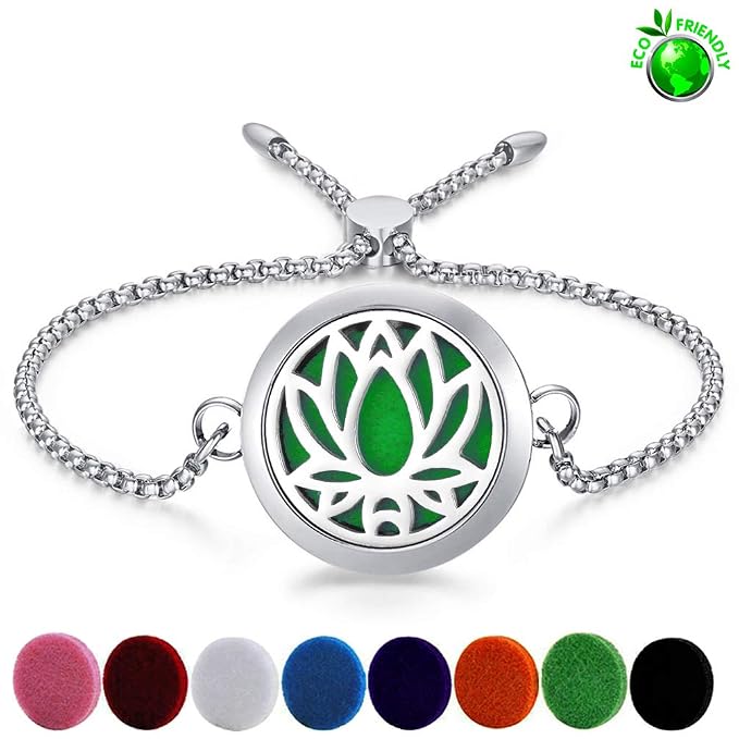 Essential Oil Diffuser Bracelets for Women Aromatherapy Lotus Locket Bracelet Adjustable Jewelry with 8 Color Refill Pads Birthday Gifts for Mom Teen Girl