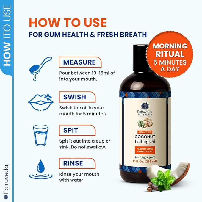 Natruveda Coconut Oil Pulling Mouthwash – Natural Whitening Ayurvedic Rinse | Fresh Mint Blend | Coconut Oil Pulling for Teeth & Gums | Whyte Oil Pulling | Aceite de Coco para Los Dientes -10 oz