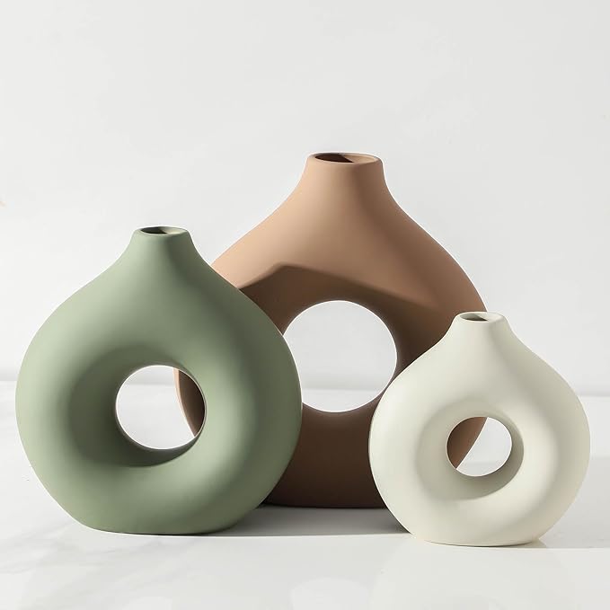 Vanselia Ceramic Vase Home Table Decor - Flower Vases Set of 3 Small Living Room Centerpiece Decorations for Shelf Bedroom Office Kitchen Dining Desk Modern Aesthetic Farmhouse Decorative (Brown)