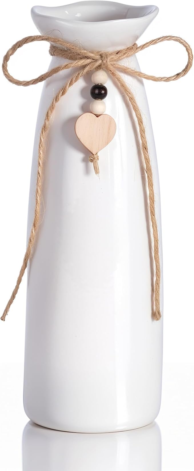 8 Inch Ceramic Vase with Jute Rope & Heart Charm, Elegant White Decorative Vase for Home Décor & Table Centerpieces