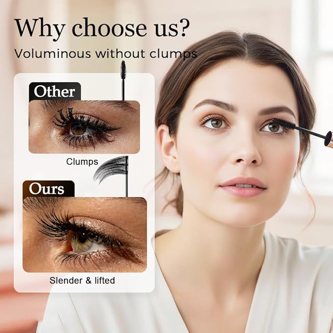 Ultra-Fine Lengthening Waterproof Quick-Dry Mascara, Waterproof Quick Drying Curling Mascara, Iron Wand Mascara, 3D Curling Eyelash Long, Lasting Smudge-Proof No Clumping (Brown+Brown)