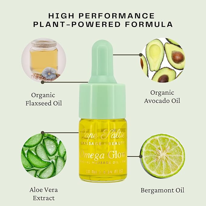Refresh Omega Glow Facial Massage Oil - PM, 10ml. — Organic Flax Seed Oil, Avocado Oil, Aloe Extract for Lightweight Hydration and Skin Balance.
