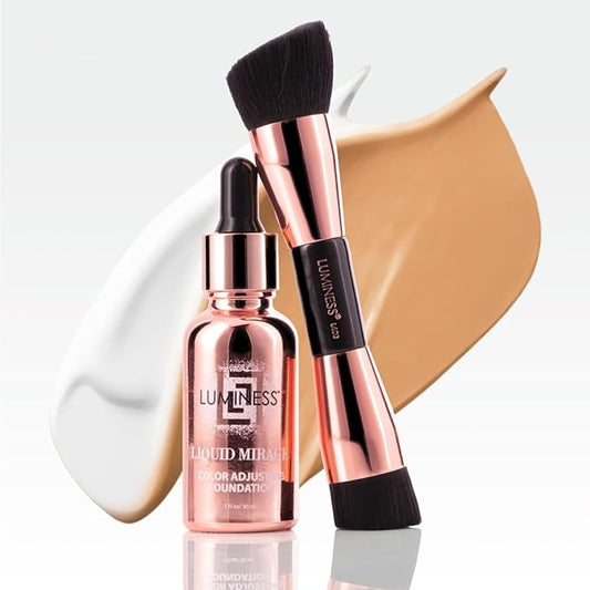 LUMINESS Liquid Mirage 3PC Kit - Color Changing Foundation with SPF 50 Primer & Makeup Brush, Hydrating & Lightweight Face Makeup, 4 in 1 Liquid Foundation, Concealer & Moisturizer (02 Medium)