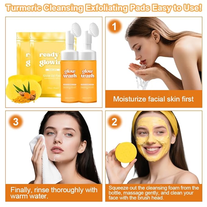 2PCS Turmeric Wash and Care, Turmeric Facial Wash and 60PCS Face Cleansing Pads, Cleansing Exfoliating Pads for Face & Body Natural Skincare