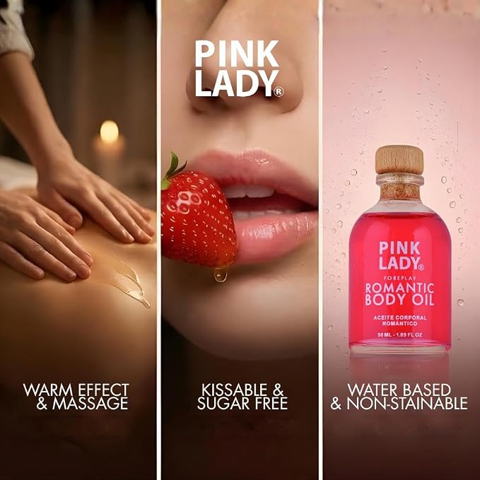 Romantic Body Oil Strawberry and Champagne - 1.90 fl oz / 56 ml - Kissable Warming Body Treat for Foreplay Fun, Water Based