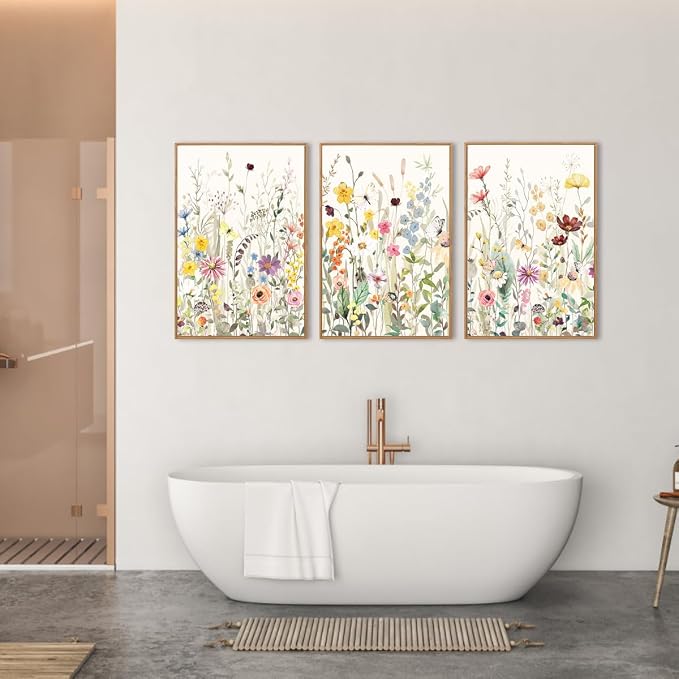 BINCUE Large Framed Floral Canvas Wall Art Colorful Wildflower Pictures Wall Decor for Living Room Bedroom Home Decor 3 Panel 16x24 Inches
