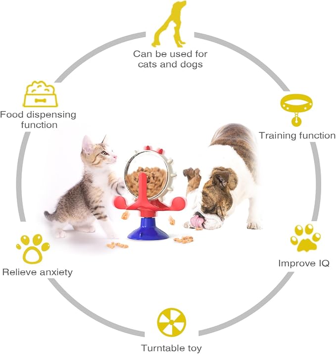 Interactive Cat Slow Feeder, Rotating Durable Dog Puzzle Toy, Mental Stimulation Treat Dispenser with Powerful Suction Cups for Cats and Dogs (Red Blue)