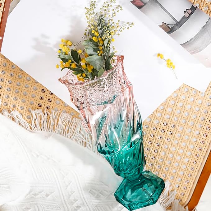 Glass Flower vase 2.4lb 9.5inch,Bohemian Style, for Centerpieces,Wedding,Home Decor Glass Vase (Green Pink)