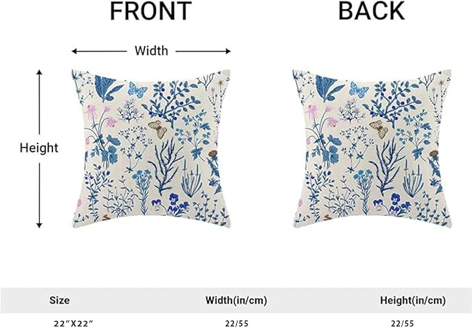 AEIOAE Summer Pillow Covers 22x22 Inch Set of 2,Blue Wild Flower Plant Throw Pillows Case,Seasonal Floral Outdoor Decorative Square Linen Farmhouse Decor Cushion Covers for Home Sofa Bed Couch