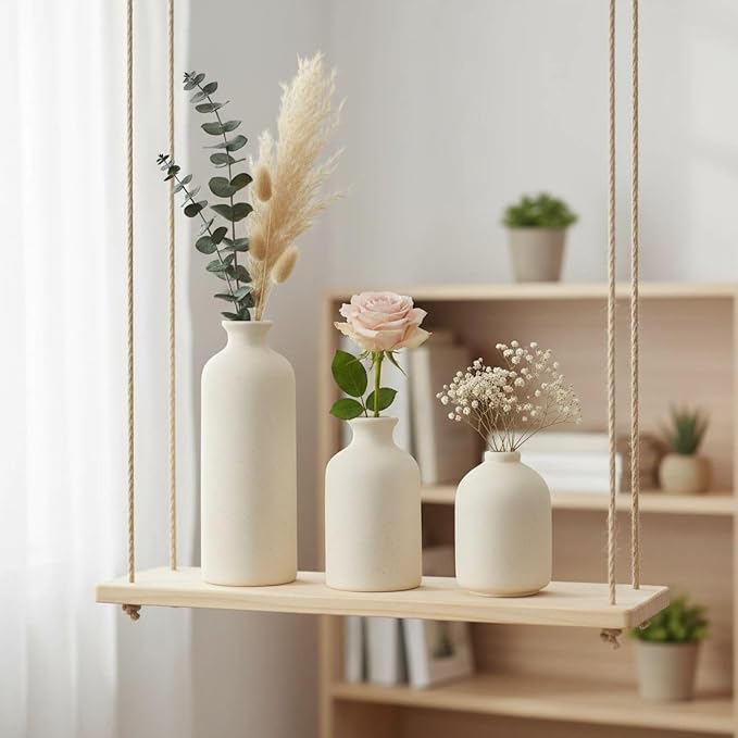Small Ceramic Vase Set of 3,Modern Boho Farmhouse Flowers Vases | Decorative Vase for Dried Flowers,Pampas Grass,Home Decor,Shelf,Bathroom,Centerpiece for Entryway Table Distressed