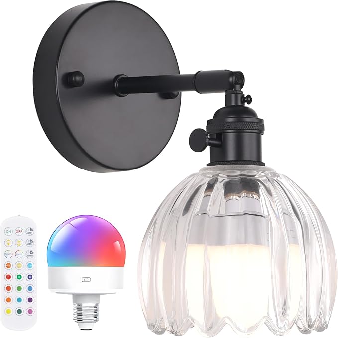 Shenmoyl Vintage Battery Operated Wall Sconce with Transparent Tulip Glass Lampshade Rechargeable Battery Powered Black Wall Light with Remote Control for Bedside Bedroom Doorway