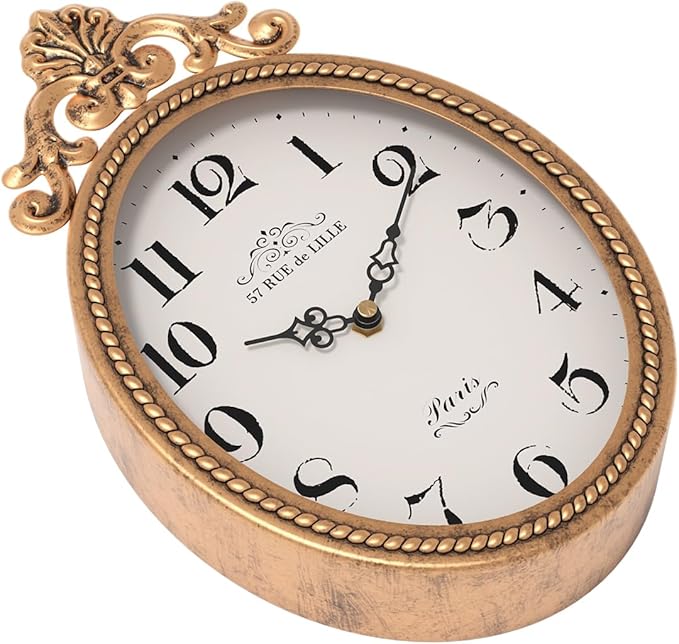 Abdurey Small French Retro Decor Wall Clock,Antique Gold Vintage Oval Style | Silent Battery Operated Boho Decorative Wall Clocks for Farmhouse,Kitchen,Bedroom,Bathroom(10.4"H x 6.7"W)