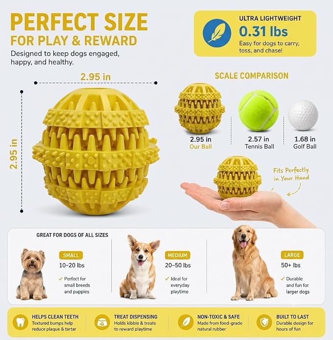 Rubber Dog Chew Toy Ball, Blue and Yellow, Bite-Resistant, Interactive Teeth Cleaning, Hidden Food Treat Dispenser for Dogs (Yellow)