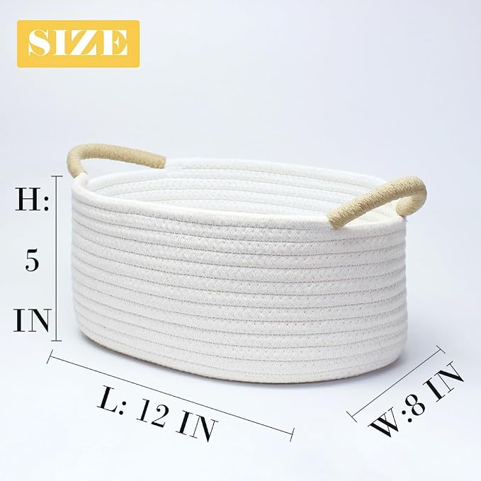 Yimi's Dream White Cotton Rope Gift Basket with Brown Handle, 12 x 8 x 5 in | Small Oval Empty Decorative Basket for Easter, Baby Shower, Cat or Dog Toys, Gifts, Nursery, Shelves, and Home Organization