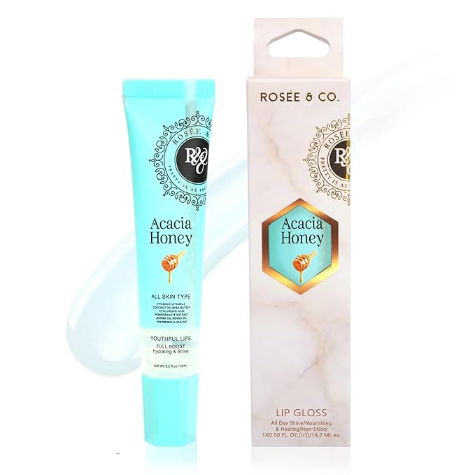 Rosee Lip Gloss Vegan & Cruelty Free Treatment, Professional Make up, Long Lasting Glossy with Shea Butter, Moisturize, Protect & Smooth, High Shine, Non-Sticky (d.Acacia Honey, 0.5)