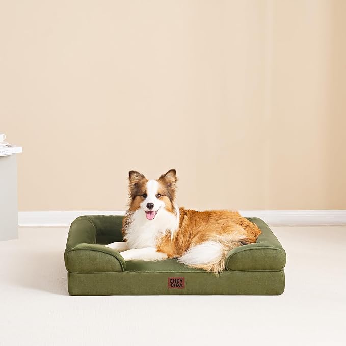 EHEYCIGA Orthopedic Dog Beds Large Sized Dog, Waterproof Washable Pet Bed | Non-Slip Bottom and Egg-Crate Memory Foam XL Dog Couch Bed with Washable Removable Cover, Olive Green