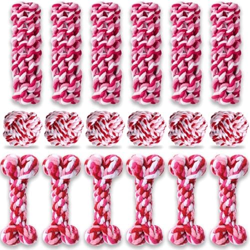 18 Pcs Dog Rope Toys Set Interactive Chew Balls Toys for Aggressive Chewers Large Medium Small Dogs Pet Puppy Teeth Cleaning Fun Training Birthday Gifts Pink