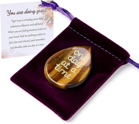 ZHIYUXI One Day at A Time Tiger Eye Thumb Worry Stone for Anxiety Crystals Hand Thumb Stones Pocket Thinking of You Gifts for Women Inspirational Worry Stones for Stress Relief Sobriety Gifts for Her