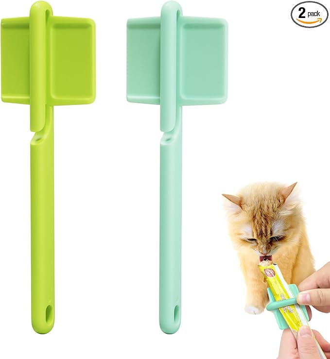 2pcs Cat Strip Feeders, Kitten Strip Squeeze Spoon for Wet Food and Liquid Snack, Cat Lickable Puree Treat Food Dispenser Pet Food Mixing Spoon Feeding Scoop for Pets (Blue & Green)