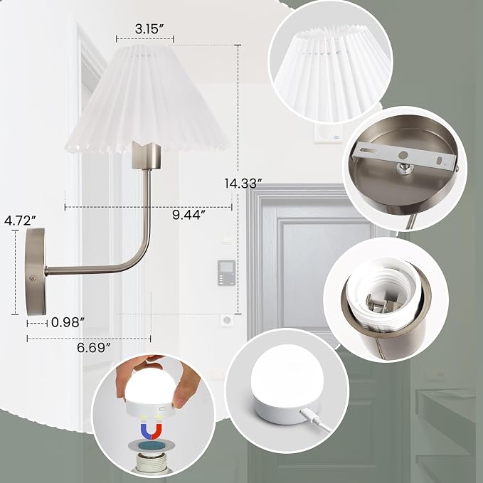Wireless Wall Sconce Sets of 2, Pleated Shades Rechargeable Battery Operated Wall Sconce, Retro Industrial Brushed Nickel Bathroom Vanity Lights, Wall Mounted Lamps for Bedroom Living Room Hallway