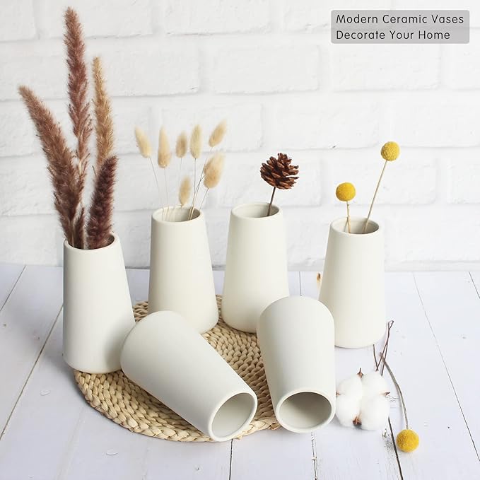 YANLING 6 Pack White Ceramic Vases for Home Decor, 6 Inch Modern Vases | for Centerpieces Pampas Grass Table Vase, Boho Vases for Flowers Decor, Wedding Dinner Party