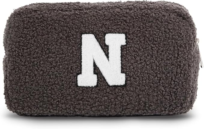 Cute Makeup Bag, Initial Cosmetic Bag, Fuzzy Makeup Bags for Women, Beauty Pouch with Chenille Letter, Personalized Cosmetic Pouch for Travel, Dark Grey N