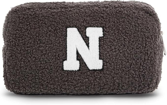 Cute Makeup Bag, Initial Cosmetic Bag, Fuzzy Makeup Bags for Women, Beauty Pouch with Chenille Letter, Personalized Cosmetic Pouch for Travel, Dark Grey N