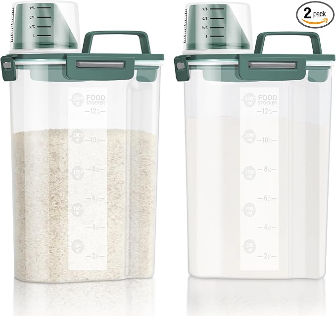 LEAWALK Airtight Rice Storage Container, 3.28Qt Cereal Dry Food Flour and Sugar Bin, Dog Cat Food Dispenser with Measuring Cup, BPA Free Clear Plastic Kitchen and Pantry Organization Bin Green 2Pack