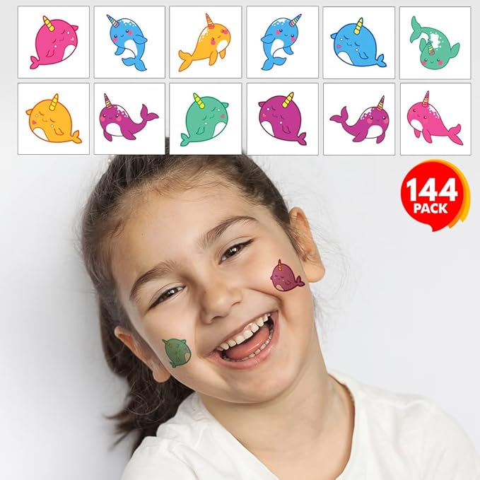 ArtCreativity Narwhal Individual Temporary Tattoos for Kids - Bulk Pack of 144 Non-Toxic 2 Inch Pre-Cut Ocean Animal Tattoos, Narwhal Birthday Party Favors and Goodie Bag Fillers for Girls and Boys