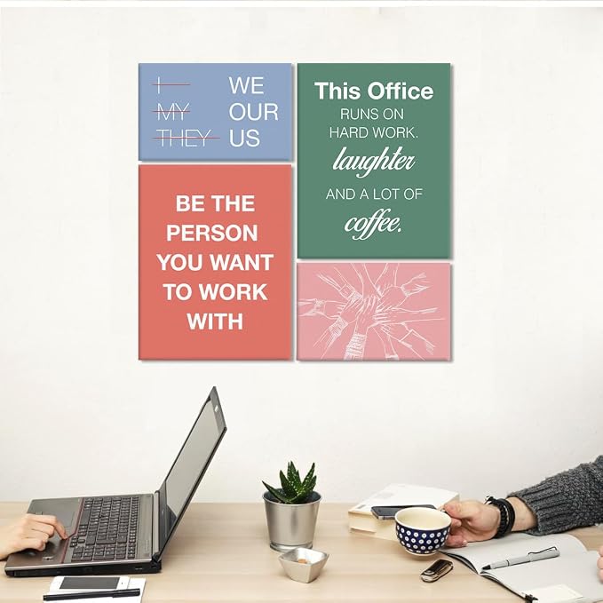 YEOION Motivational Office Wall Art,Inspirational Teamwork Wall Art for Office,Orange And Green Positive Teamwork Wall Decor for Workplace Set of 6