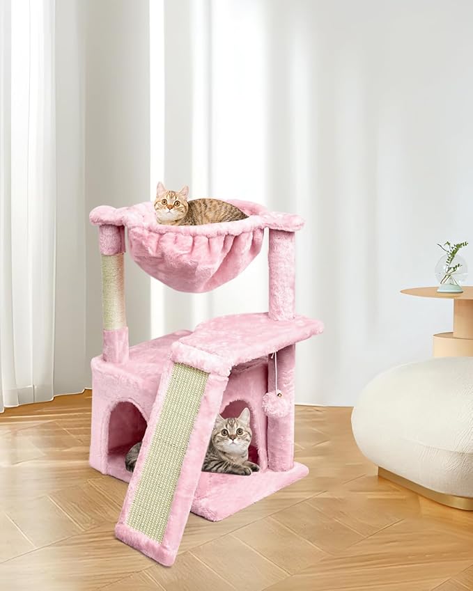 SYANDLVY Cat Tree for Indoor Cats Large Adults, Modern Activity Tower with Scratching Posts & Board, Condo with Plush Perch, Climbing Stand with Cradle & Hanging Ball for Play, Pink