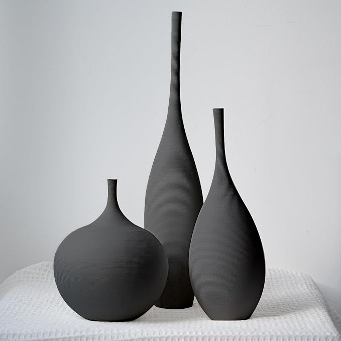 Relexome Black Ceramic Vase Modern Boho Wabi-Sabi Flower Vase Set of 3 Decorative Aesthetic Vases for Centerpieces Matte Minimalist Vases for Living Room Table Shelf Home Decor Gift