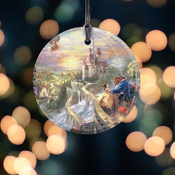Disney - Beauty and The Beast - Falling in Love by Thomas Kinkade - 3.5” Starfire Prints Hanging Glass Print Accessory | Arrives in a Velveteen Gift Bag SPCIR376