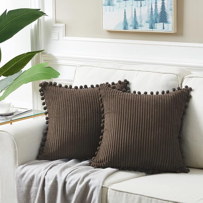 Fancy Homi Pack of 2 Dark Brown Decorative Throw Pillow Covers 16x16 Inch with Pom-poms for Couch Bed, Soft Corduroy Solid Square Cushion Case 40x40 cm, Farmhouse Boho Home Decor