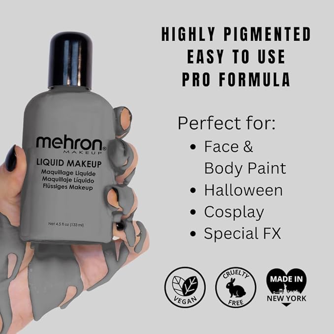 Mehron Makeup Liquid Makeup | Face Paint and Body Paint Perfect for Halloween, Cosplay I Air Brush Compatible 4.5 oz (133 ml) (MONSTER GREY)