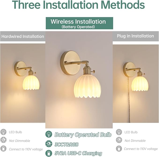 Shenmoyl Vintage Battery Operated Wall Sconce with White Tulip Glass Lampshade Rechargeable Battery Powered Wall Light with Remote Control for Bedside Bedroom Doorway, Set of 2