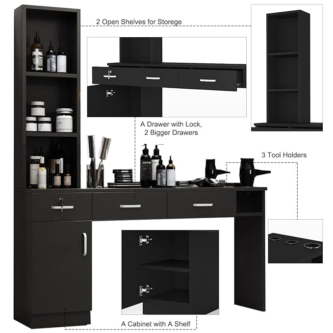 Paddie Barber Salon Station Wall Mount Hair Styling Salon Equipment Set Beauty Spa Furniture Set, Lockable Left Shelf, Mirror not Included(Black)