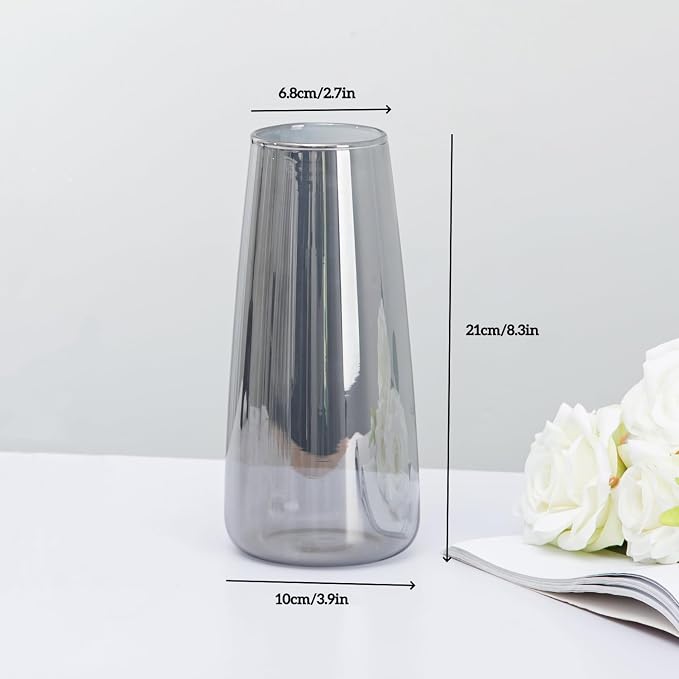 Modern Glass Flower Vase for Home Decor Table Centerpiece, 8.3inch H, Gray | Glass Vases for a Dozen of Flowers, Floral Arrangement,Minimalist Vase for Dinner Table Mantel Entryway Shelf Reception Decor