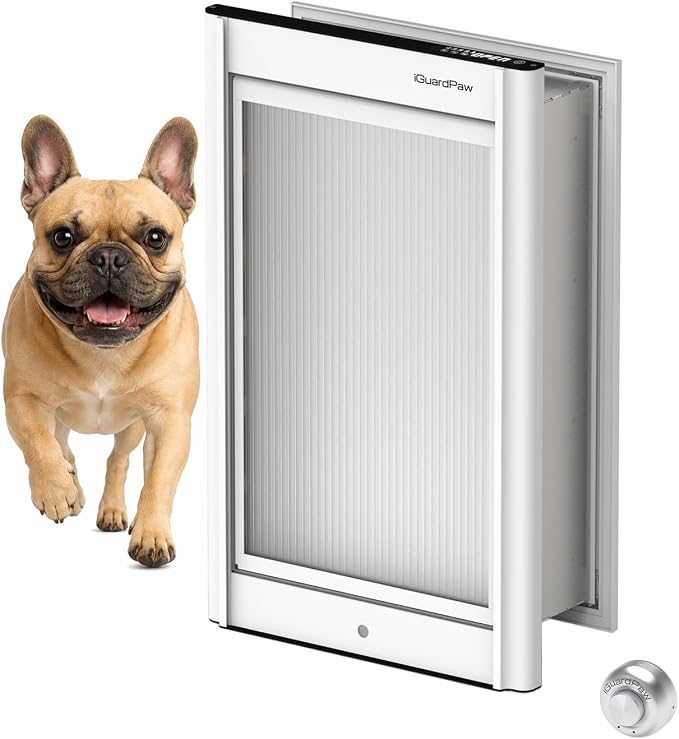 Automatic Dog Door for Wall, Smart Dog Door with Collar Sensor, M | aluminum, collar-activated, scheduled access, pet-only access, adjustable sensing range, anti-pinch, wall-mounted M, white
