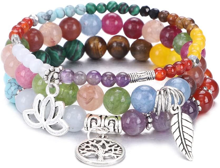 UEUC Tree of Life Yoga Healing Stone Bracelets,Multilayer Lotus Chakra Stone Reiki Bracelet Sets,Anxiety Crystal Natural Stone,for Women Stress Relief