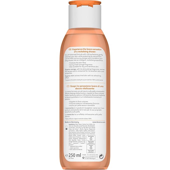 lavera Body Wash Vitalizing - gentle cleansing with orange & mint - pH-neutral, for dry & sensitive skin - PETA certified - vegan - natural cosmetics - 8.45 fl.oz.