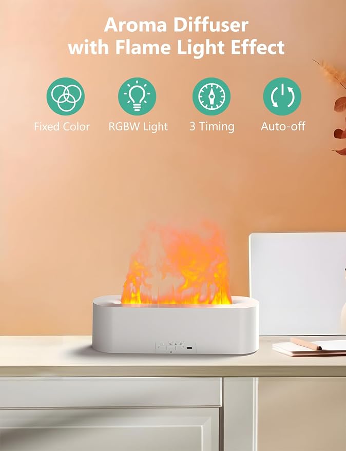 Flame Air Diffuser, Humidifier, Essential Oil Diffuser - 7 Colors, 180mL Capacity (8 Hours), Noiseless Operation, Auto-Off Protection - Perfect for Home Bedroom Office Gifts(Black)