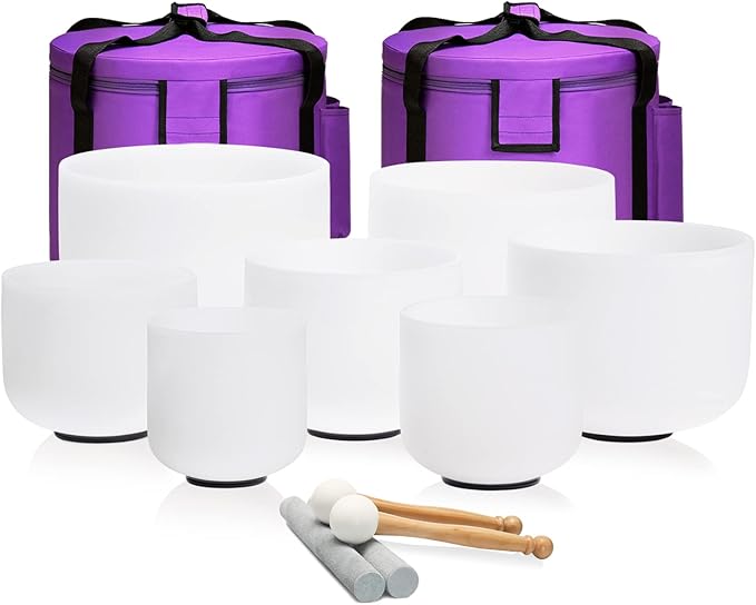 CVNC 440HZ 6-12 inch Set of 7 Frosted Meditation Chakra Quartz Crystal Singing Bowls for Sound Healing Energy with Carry Case Bag Suede and Striker & O-Ring