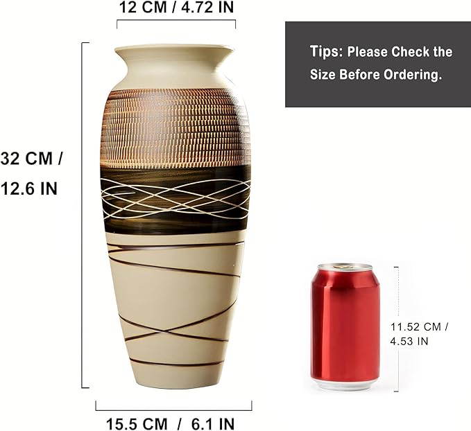 12.6" Tall Vintage Ceramic Rustic Farmhouse Vase (Half Skipcut Brown) | Large Boho Textured Flower Vases for Home Decor, Living Room, Table, Mantel, Shelf